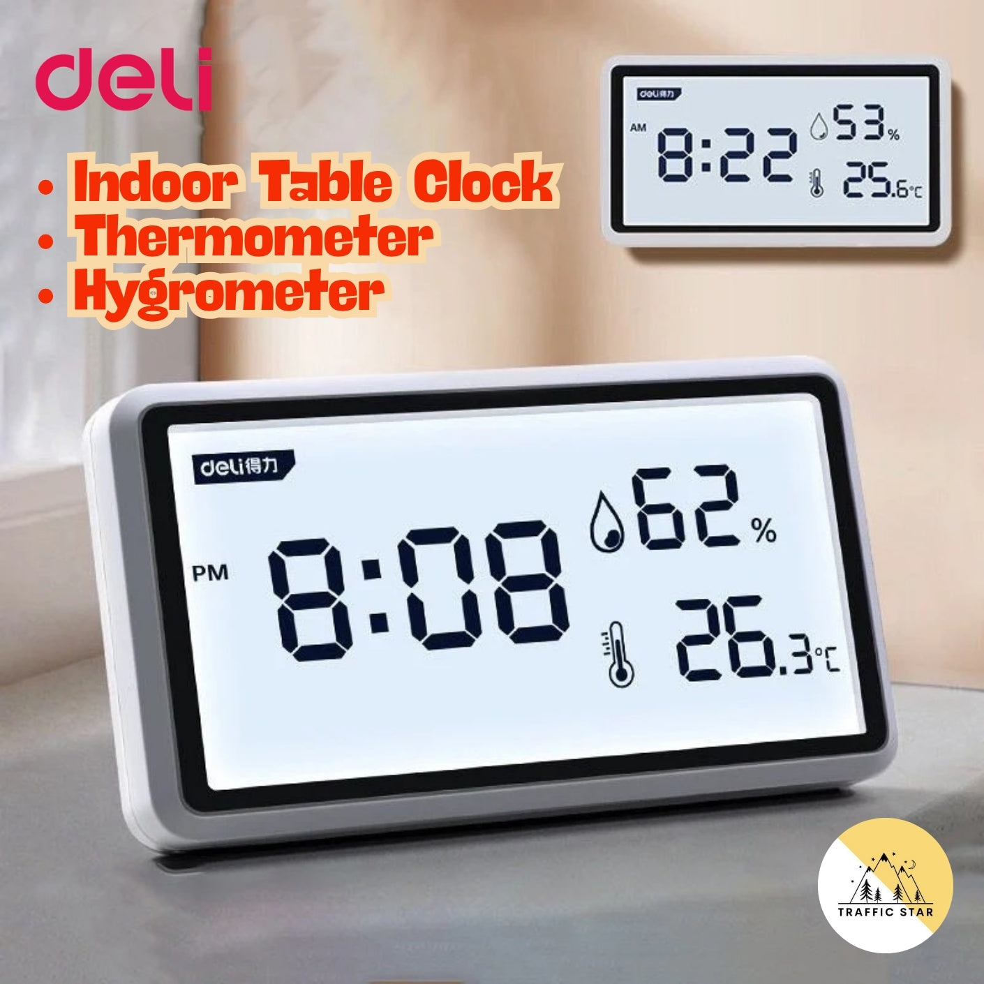 Deli Electronic Thermometer Hygrometer High Precision Weather Station with Clock Function Desktop Digital Thermometer