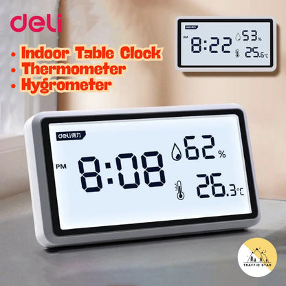 Deli Electronic Thermometer Hygrometer High Precision Weather Station with Clock Function Desktop Digital Thermometer