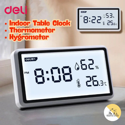 Deli Electronic Thermometer Hygrometer High Precision Weather Station with Clock Function Desktop Digital Thermometer