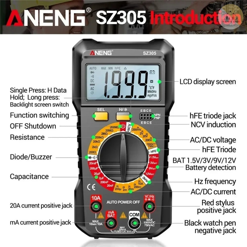 ANENG SZ305 Professional Multimeter 1999 Counts AC/DC Voltage Tester Ammeter Capacitor hFE Triode Hz Detector Electrician Tools