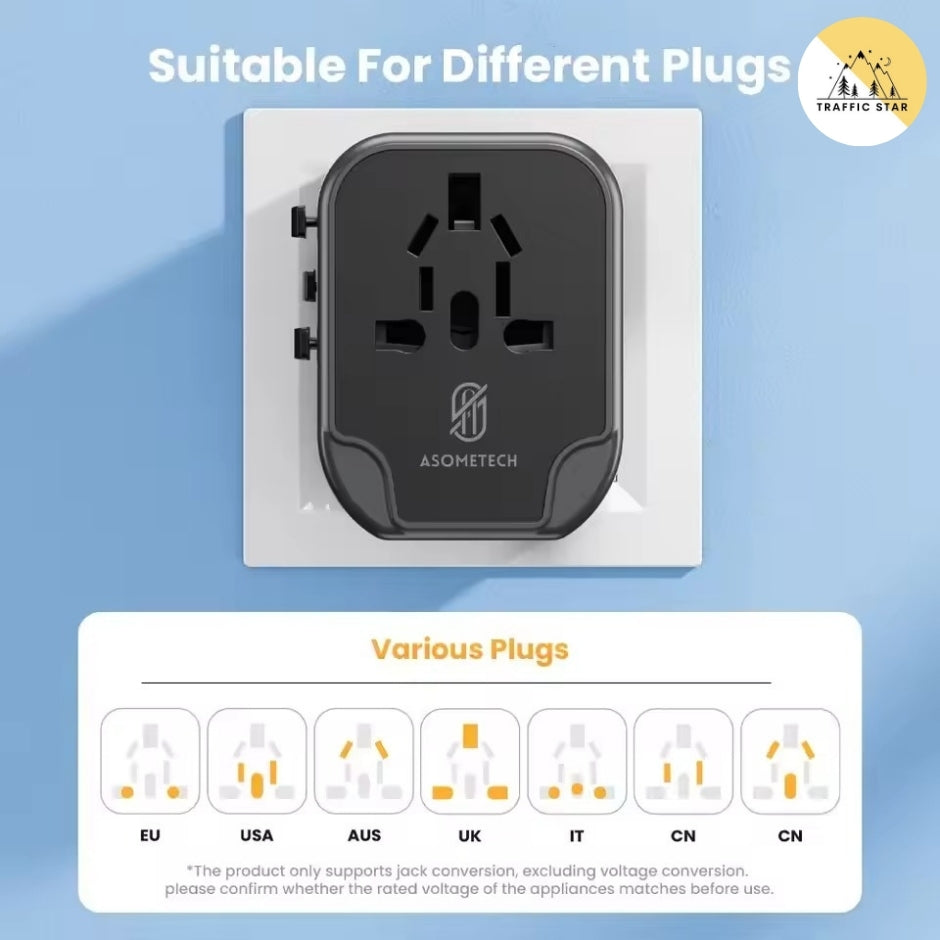 Asometech Universal Traveling Charger Adaptor 2 USB Port & 2 Type C Port All-in-one Wall Charger for US EU UK AUS TRAVEL With LED Light