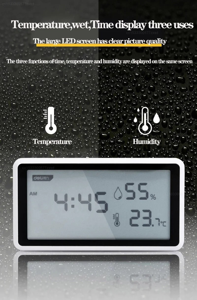 Deli Electronic Thermometer Hygrometer High Precision Weather Station with Clock Function Desktop Digital Thermometer