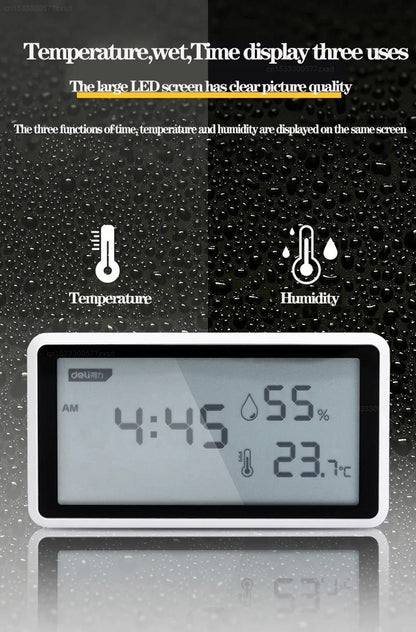 Deli Electronic Thermometer Hygrometer High Precision Weather Station with Clock Function Desktop Digital Thermometer