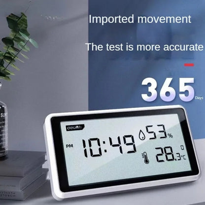 Deli Electronic Thermometer Hygrometer High Precision Weather Station with Clock Function Desktop Digital Thermometer
