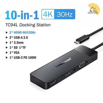 Lemorele USB-C Dock 10 Ports USB Type C to Dual HDMI 4K 30Hz VGA USB 3.0 Adapter PD100W SD Card Reader for MacBook