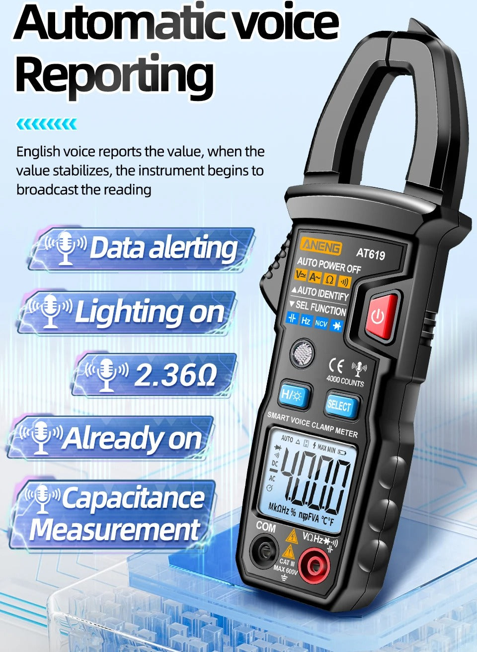 Aneng AT619 AC Voltage Meter, Current Tester Multimeter Ammeter Voltage Meter Car Capacitance Clamp Meter