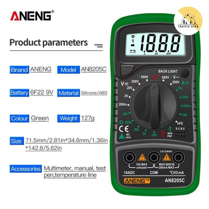 Aneng AN8205C Digital Multimeter AC/DC Ammeter Volt Ohm Multimeter Tester with LCD Backlight Portable
