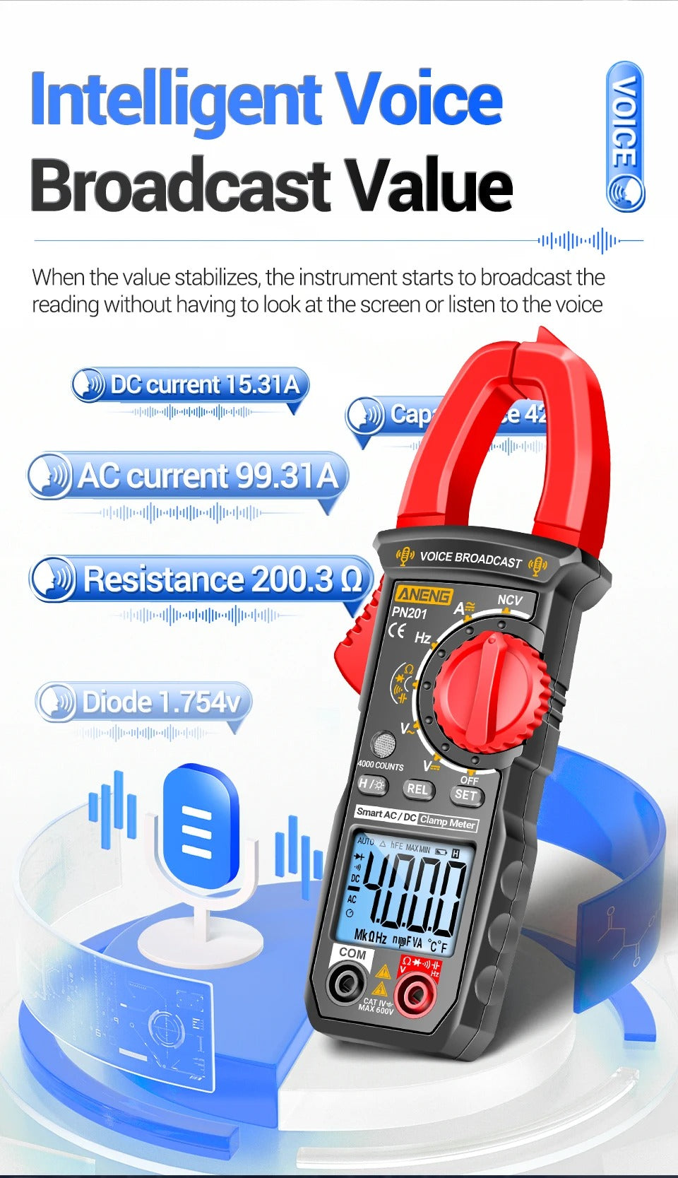NENG PN201 Digital Clamp Meters Multimeter 4000 Counts DC/AC Current Voltage Tester Multimeter NCV Ohm Capacitance Test Tool