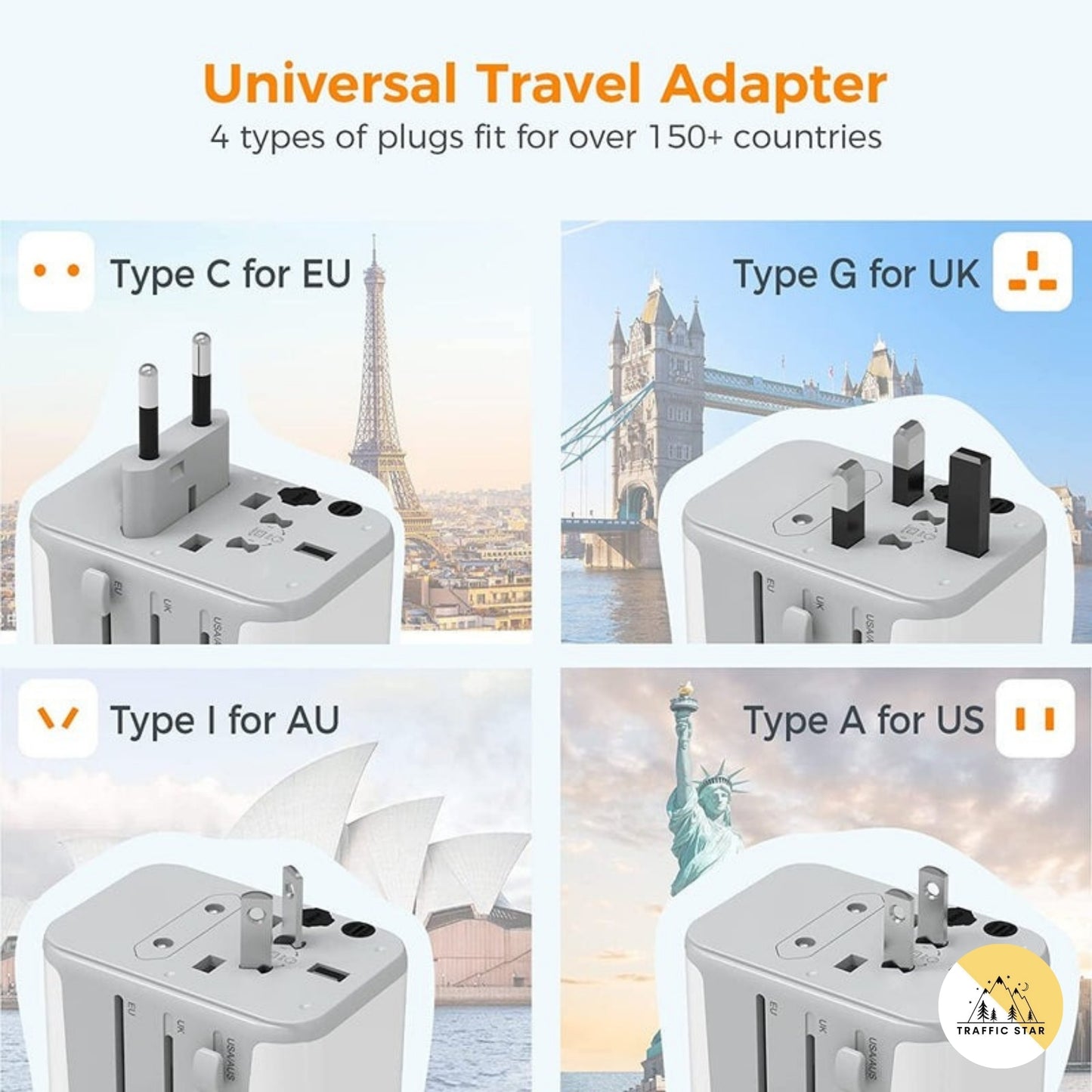 Tessan Universal Travel Adapter with 2 USB C and 2 USB A Ports (Fast Charging PD 17W)