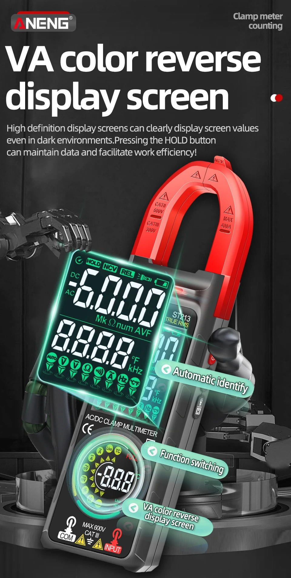 ANENG ST213 VA Clamp Meter Color Display Reverse Multimeter CAT III 6000 Counts True RMS Tester DC/AC Voltage Current Meter
