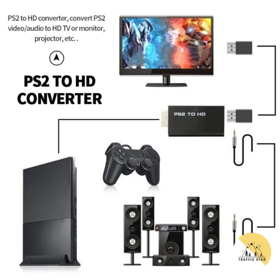 HDMI Video Converter Adapter with 3.5mm Audio Output + USB Cable for PS2 to HDMI