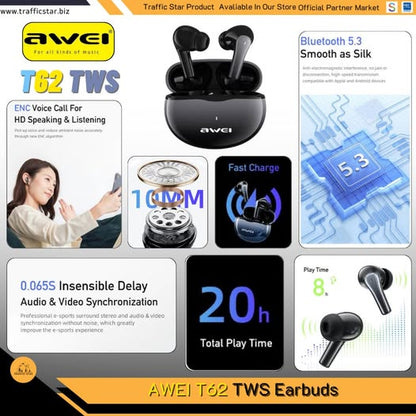 Awei T62 4 Mic ENC Earphones BT 5.3 Earbuds TWS