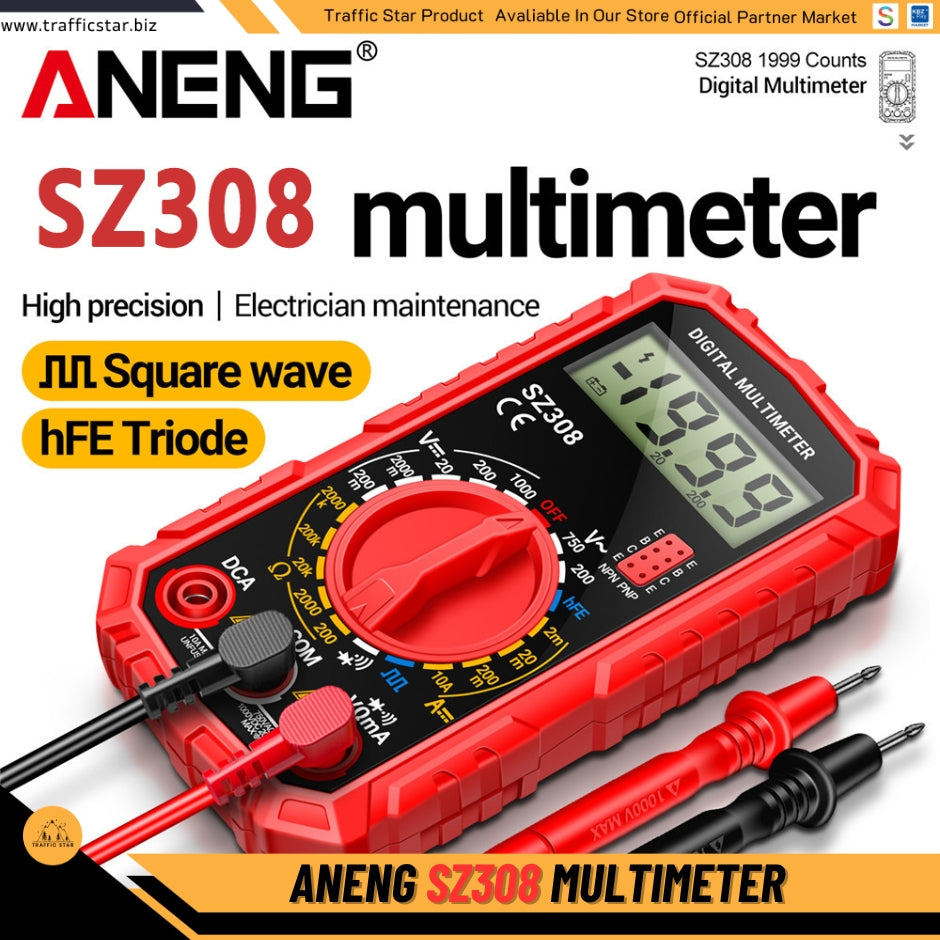 Aneng SZ308 Digital Multimeter Resistance Meter, AC/DC Current Meter LCD Backlight Ohm Square Wave Test