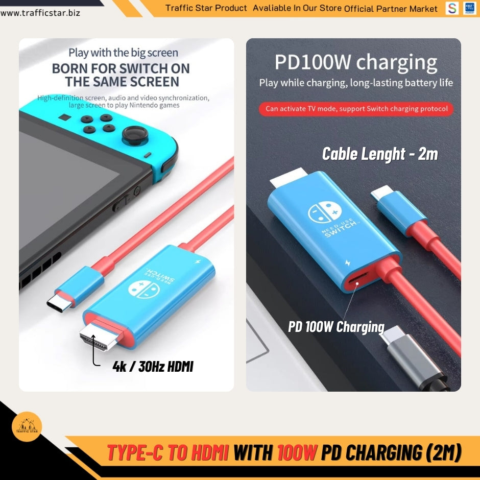 Portable USB Type C to HDMI Cable for Nintendo Switch Steam Deck Mode TV Connection 100W PD Charging