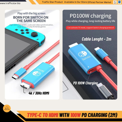 Portable USB Type C to HDMI Cable for Nintendo Switch Steam Deck Mode TV Connection 100W PD Charging