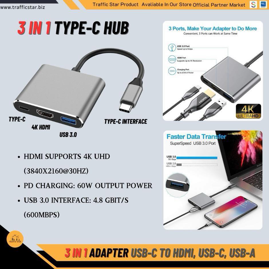 3 in 1 Adapter USB-C to HDMI, USB-C Can Charge PD 60 W USB-A  USB 3.0 5Gbps