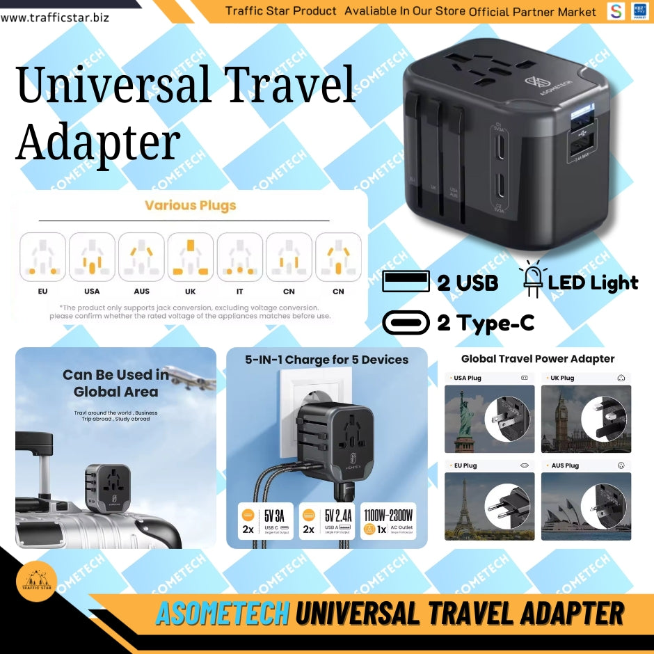 Asometech Universal Traveling Charger Adaptor 2 USB Port & 2 Type C Port All-in-one Wall Charger for US EU UK AUS TRAVEL With LED Light