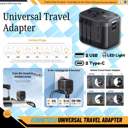 Asometech Universal Traveling Charger Adaptor 2 USB Port & 2 Type C Port All-in-one Wall Charger for US EU UK AUS TRAVEL With LED Light
