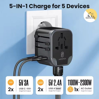 Asometech Universal Traveling Charger Adaptor 2 USB Port & 2 Type C Port All-in-one Wall Charger for US EU UK AUS TRAVEL With LED Light