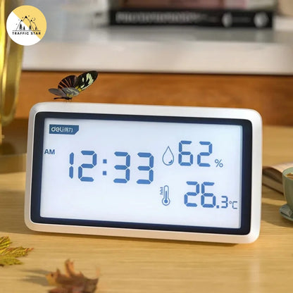 Deli Electronic Thermometer Hygrometer High Precision Weather Station with Clock Function Desktop Digital Thermometer