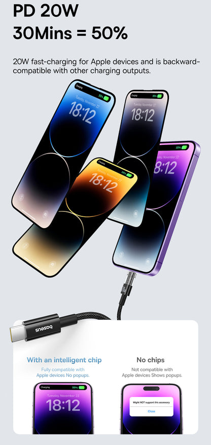 Baseus PD 20W Type C to Lightning Fast Charging Cable 1m, Transparent USB