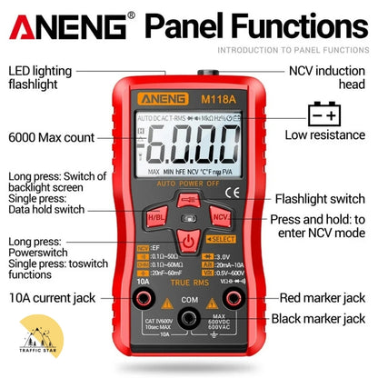ANENG M118A Digital Mini Multimeter Tester 6000 Counts Mmultimetro True Rms Tranistor with NCV Data Hold Flashlight