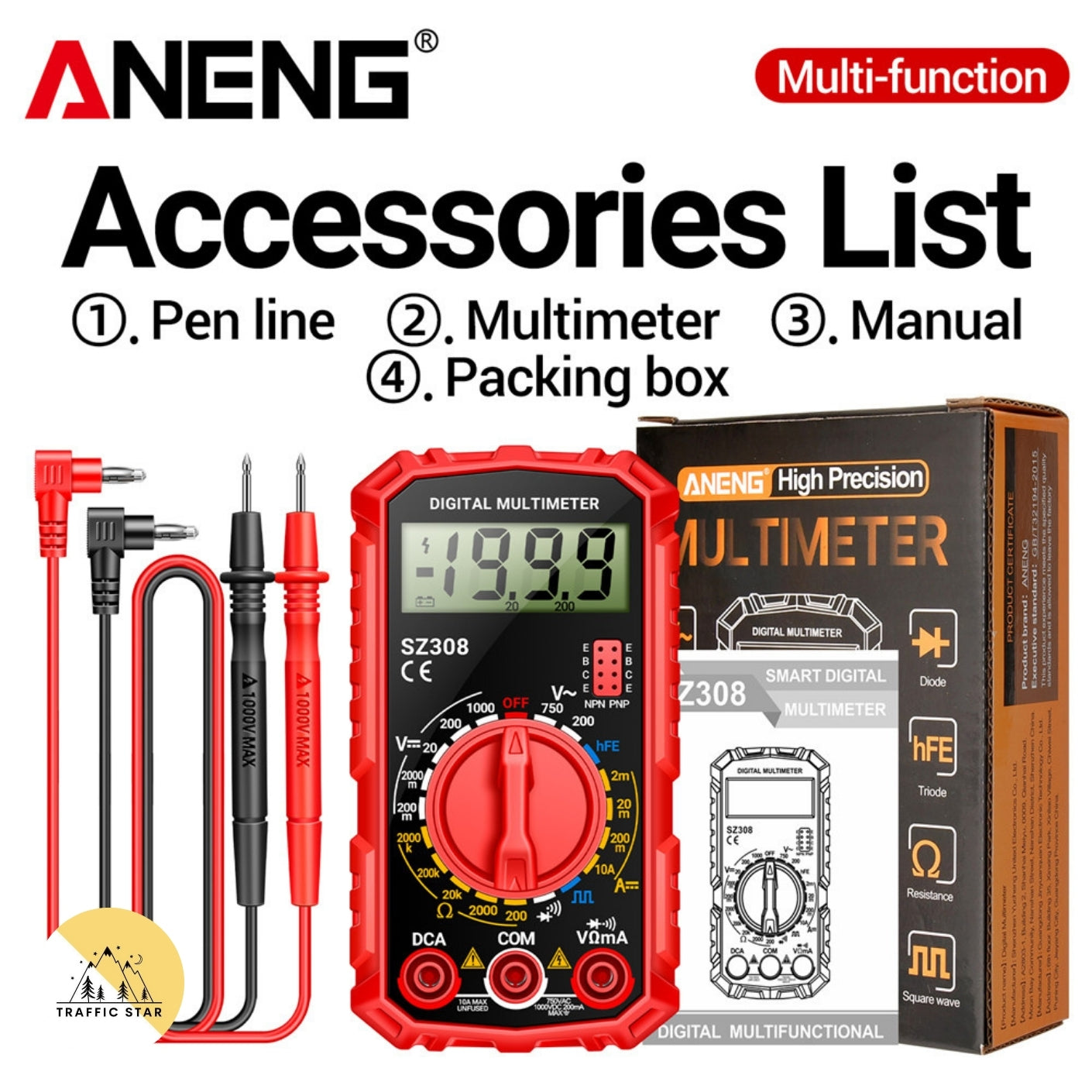 Aneng SZ308 Digital Multimeter Resistance Meter, AC/DC Current Meter LCD Backlight Ohm Square Wave Test