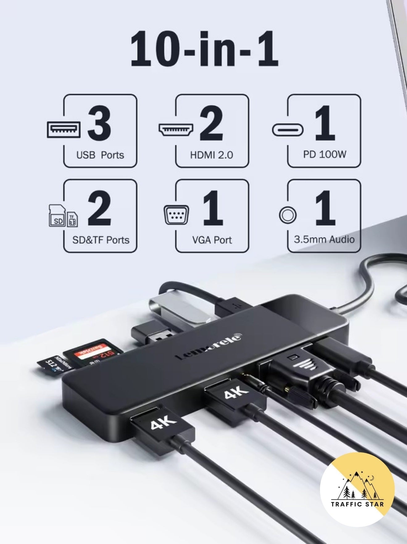 Lemorele USB-C Dock 10 Ports USB Type C to Dual HDMI 4K 30Hz VGA USB 3.0 Adapter PD100W SD Card Reader for MacBook