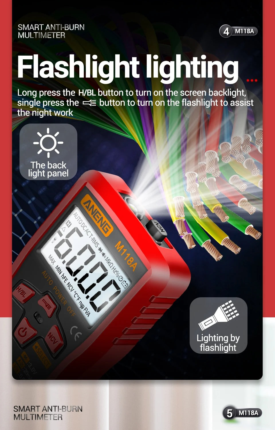 ANENG M118A Digital Mini Multimeter Tester 6000 Counts Mmultimetro True Rms Tranistor with NCV Data Hold Flashlight