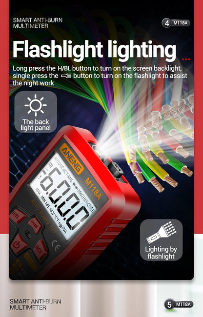 ANENG M118A Digital Mini Multimeter Tester 6000 Counts Mmultimetro True Rms Tranistor with NCV Data Hold Flashlight