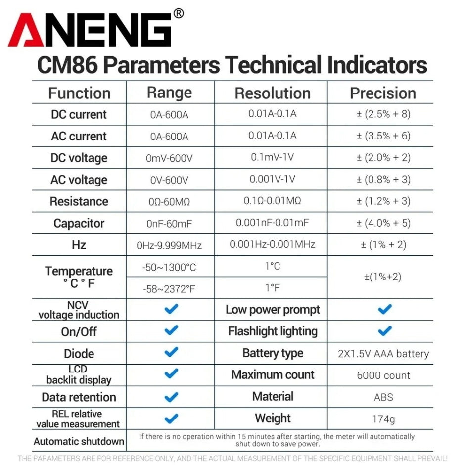 ANENG CM86 Clamp Meter 600A AC/DC Voltage Diode Digital Multimeter NCV Voltage Detection Professional Electrician Tools