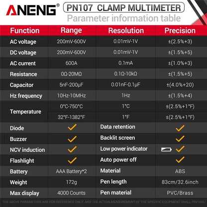 ANENG PN107 Digital Clamp Meter 600A AC Current Voltmeter Ammeter NCV Diode Temperature Frequency Professional Tool