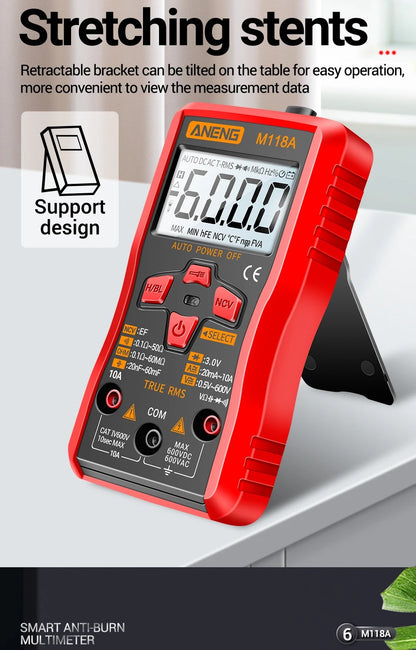 ANENG M118A Digital Mini Multimeter Tester 6000 Counts Mmultimetro True Rms Tranistor with NCV Data Hold Flashlight