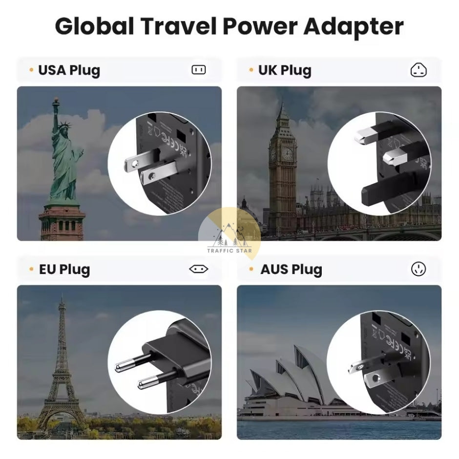 Asometech Universal Traveling Charger Adaptor 2 USB Port & 2 Type C Port All-in-one Wall Charger for US EU UK AUS TRAVEL With LED Light