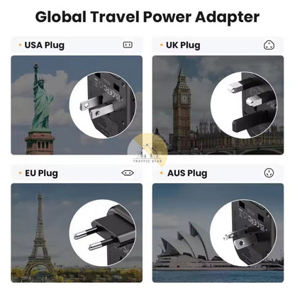 Asometech Universal Traveling Charger Adaptor 2 USB Port & 2 Type C Port All-in-one Wall Charger for US EU UK AUS TRAVEL With LED Light