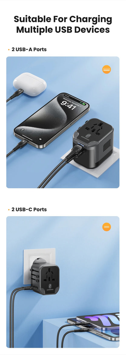 Asometech Universal Traveling Charger Adaptor 2 USB Port & 2 Type C Port All-in-one Wall Charger for US EU UK AUS TRAVEL With LED Light