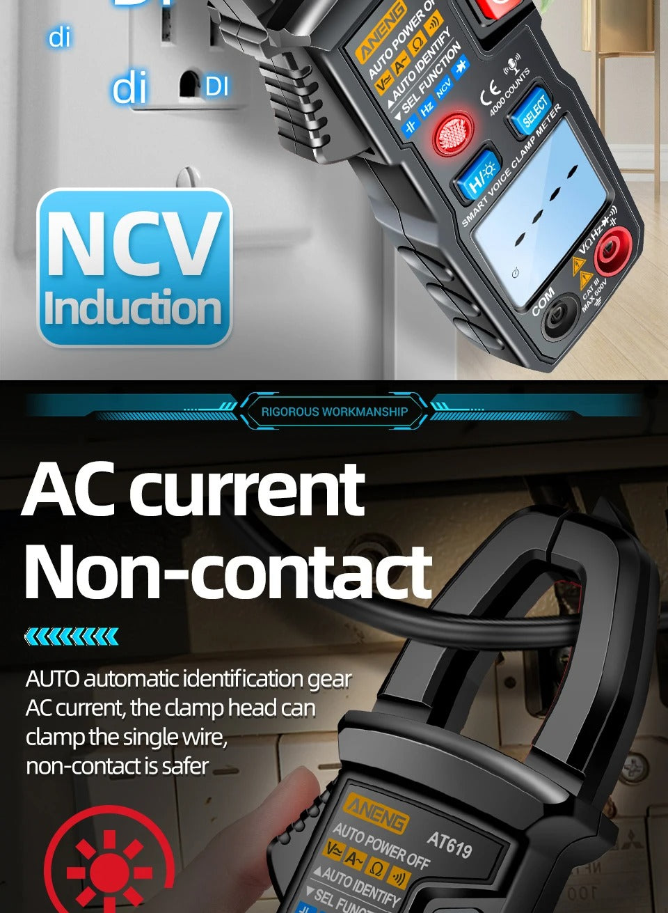 Aneng AT619 AC Voltage Meter, Current Tester Multimeter Ammeter Voltage Meter Car Capacitance Clamp Meter