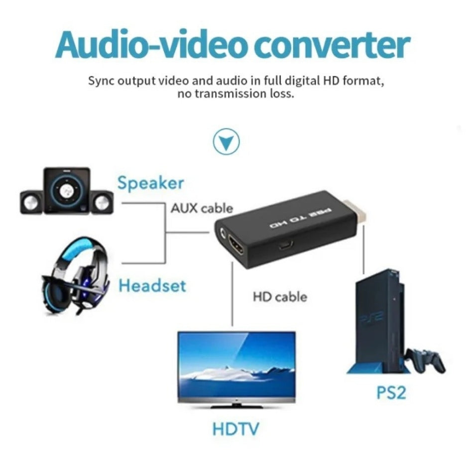 HDMI Video Converter Adapter with 3.5mm Audio Output + USB Cable for PS2 to HDMI