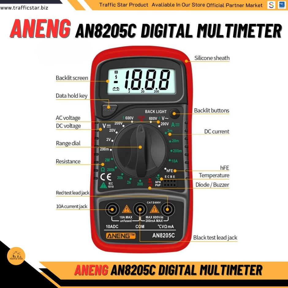 Aneng AN8205C Digital Multimeter AC/DC Ammeter Volt Ohm Multimeter Tester with LCD Backlight Portable