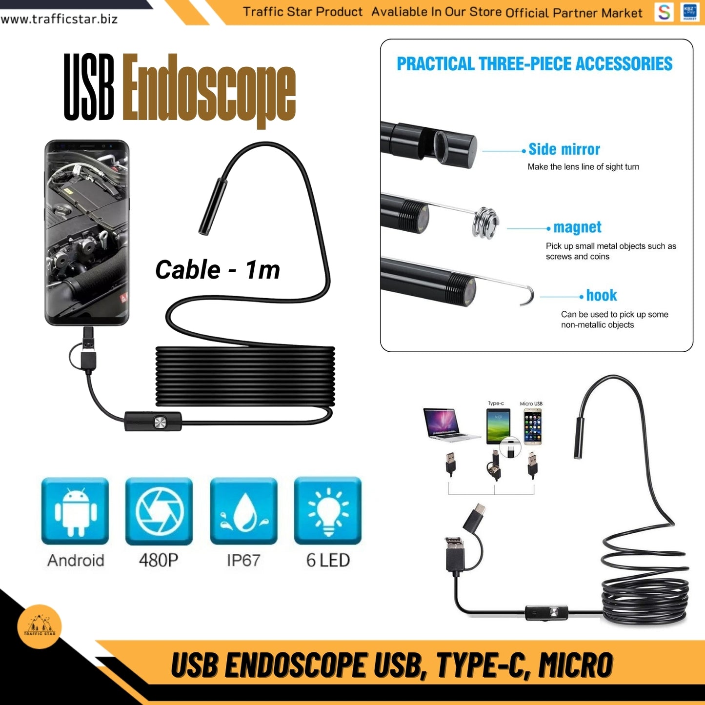 7mm Android Endoscope Camera Mini Micro, USB, Type C Waterproof LED Inspection Camera