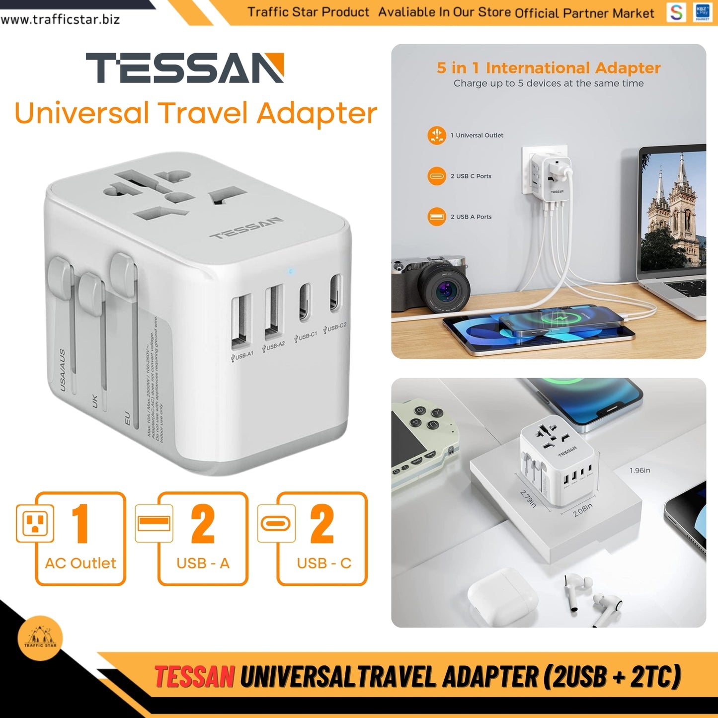Tessan Universal Travel Adapter with 2 USB C and 2 USB A Ports (Fast Charging PD 17W)