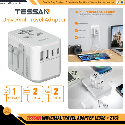 Tessan Universal Travel Adapter with 2 USB C and 2 USB A Ports (Fast Charging PD 17W)