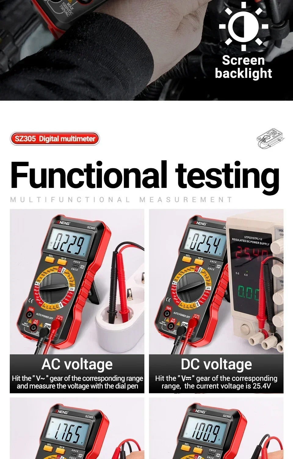 ANENG SZ305 Professional Multimeter 1999 Counts AC/DC Voltage Tester Ammeter Capacitor hFE Triode Hz Detector Electrician Tools