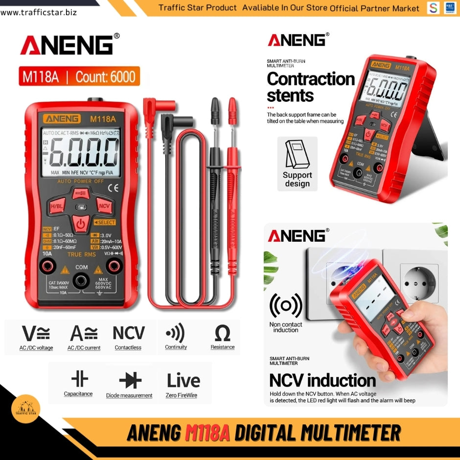 ANENG M118A Digital Mini Multimeter Tester 6000 Counts Mmultimetro True Rms Tranistor with NCV Data Hold Flashlight