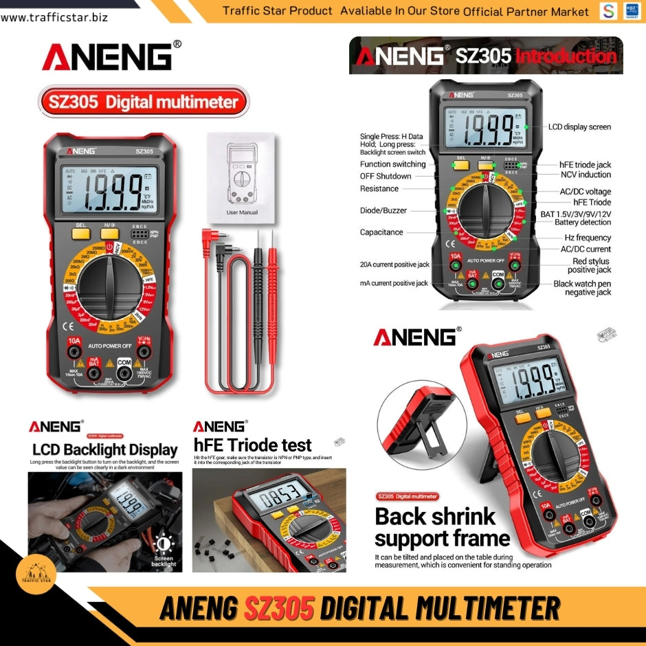 ANENG SZ305 Professional Multimeter 1999 Counts AC/DC Voltage Tester Ammeter Capacitor hFE Triode Hz Detector Electrician Tools
