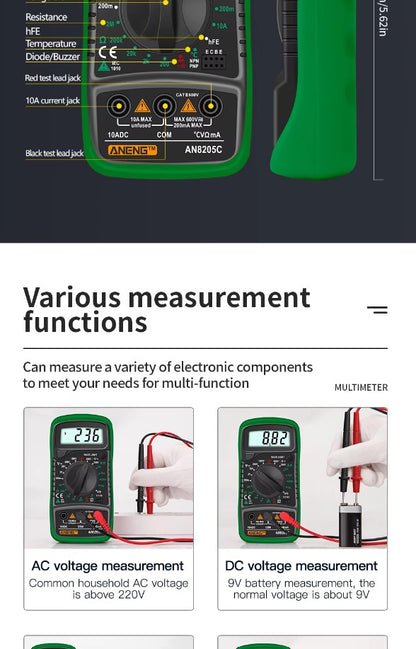 Aneng AN8205C Digital Multimeter AC/DC Ammeter Volt Ohm Multimeter Tester with LCD Backlight Portable