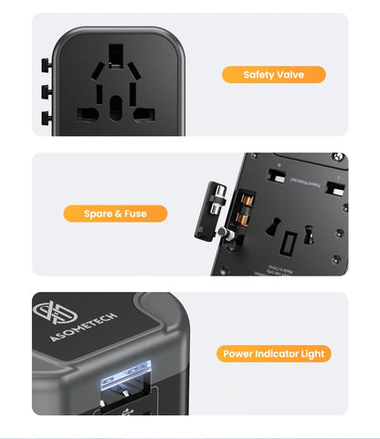 Asometech Universal Traveling Charger Adaptor 2 USB Port & 2 Type C Port All-in-one Wall Charger for US EU UK AUS TRAVEL With LED Light