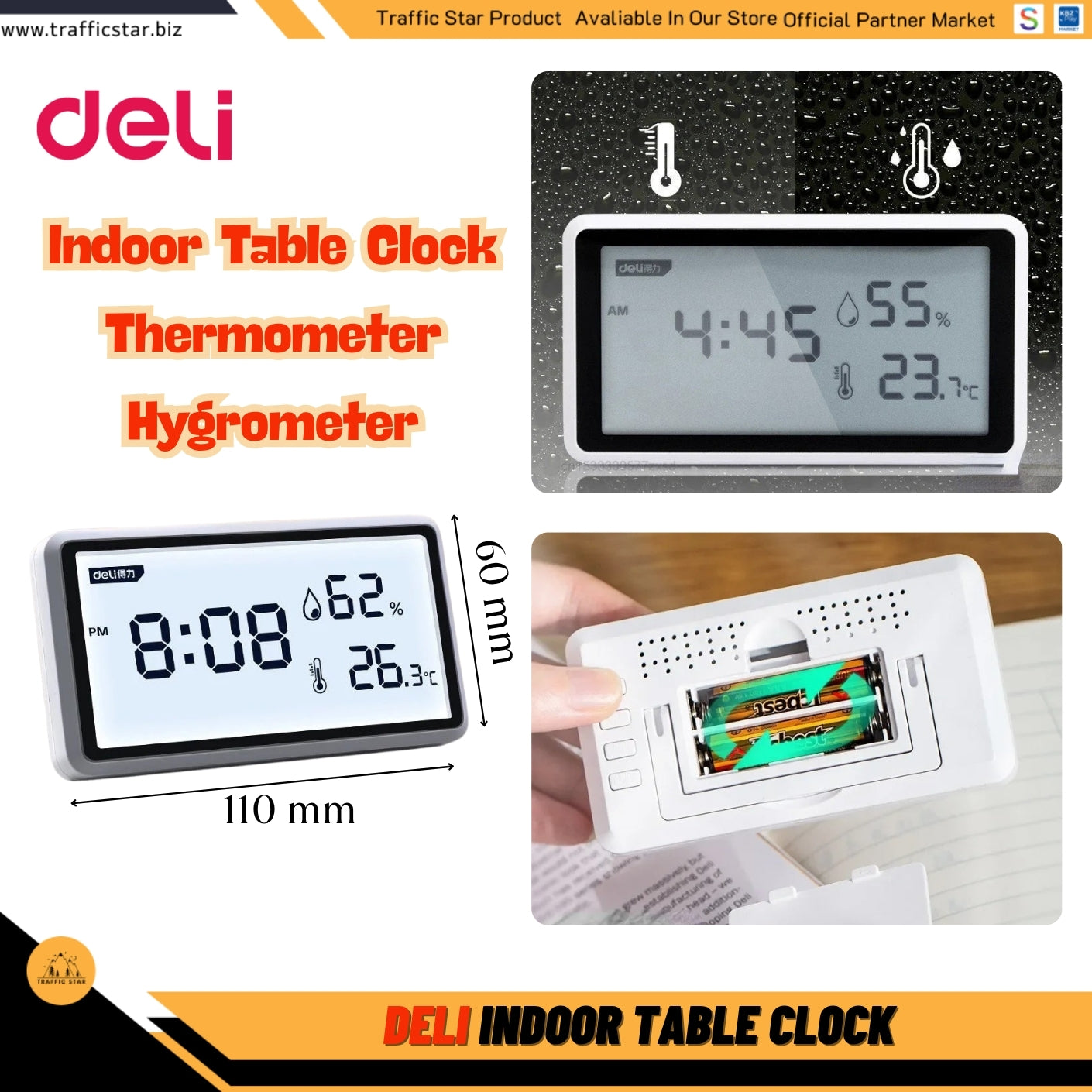 Deli Electronic Thermometer Hygrometer High Precision Weather Station with Clock Function Desktop Digital Thermometer
