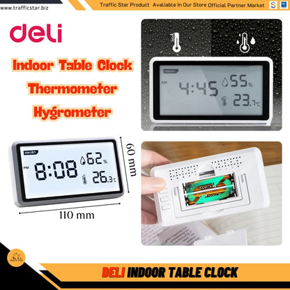Deli Electronic Thermometer Hygrometer High Precision Weather Station with Clock Function Desktop Digital Thermometer