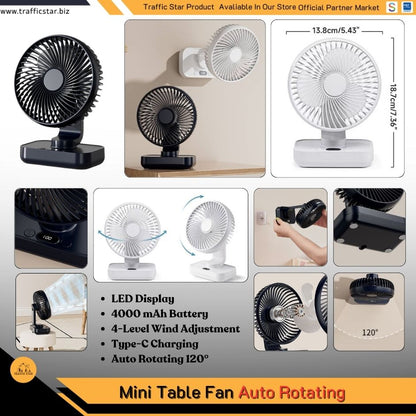 Mini Portable Table Fan LED Display Auto Rotating